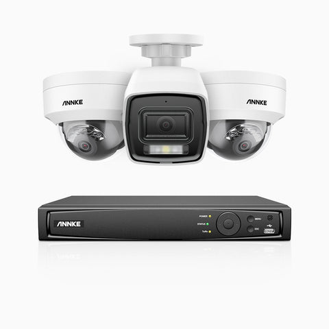 H800 - 4K 4 Channel PoE Security System with 1 Bullet & 2 Dome (IK10) Cameras, Vandal-Resistant, Human & Vehicle Detection, Built-in Mic, RTSP Supported