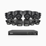 H500P - 3K 16 Channel PoE Security System with 6 Bullet & 6 Turret Cameras, Color & IR Night Vision, 3072*1728 Resolution, f/1.6 Aperture (0.005 Lux), Human & Vehicle Detection, Built-in Microphone,IP67