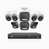H500P - 3K 16 Channel PoE Security System with 4 Bullet & 4 Turret Cameras, Color & IR Night Vision, 3072*1728 Resolution, f/1.6 Aperture (0.005 Lux), Human & Vehicle Detection, Built-in Microphone,IP67