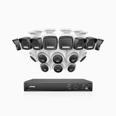 H500P - 3K 16 Channel PoE Security System with 8 Bullet & 8 Turret Cameras, Color & IR Night Vision, 3072*1728 Resolution, f/1.6 Aperture (0.005 Lux), Human & Vehicle Detection, Built-in Microphone,IP67