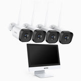 WTL800 - 4K 10 Channel 4 Cameras Wireless NVR CCTV System with 12″ Monitor, 2.4/5.8G Dual-Band WiFi Pro, Human Motion Detection, Two-Way Audio, Night Vision, Works with Alexa
