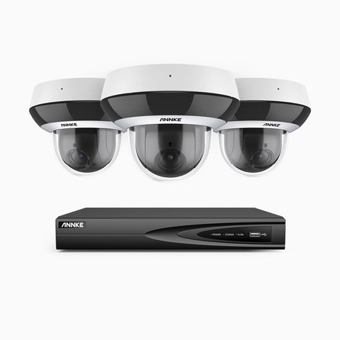 HCZ504 - 4 Channel 3 Cameras PTZ PoE Security System, 3K Super HD, 4X Optical Zoom, IK10 Vandal-Resistant, 2.8-12 mm Lens, Intelligent Behavior Analysis, Color Night Vision & Anti-Fog