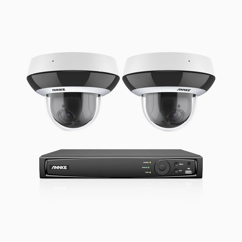 HCZ504 - 8 Channel 2 Cameras PTZ PoE Security System, 3K Super HD, 4X Optical Zoom, IK10 Vandal-Resistant, 2.8-12 mm Lens, Intelligent Behavior Analysis, Color Night Vision & Anti-Fog