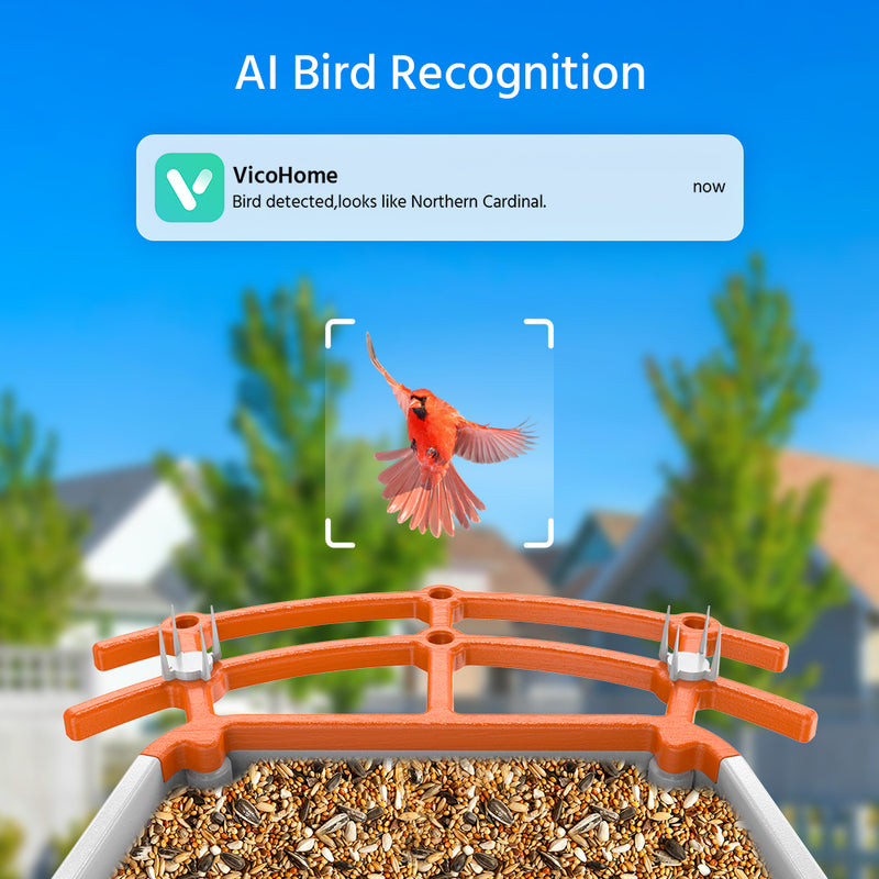 Smart Bird Feeder Camera, 1920 x 1080 Resolution, AI Recognition, Built-in Microphone, 2.4GHz WiFi Connection, Battery & Solar Powered, Cloud & Max. 128 GB Local Storage