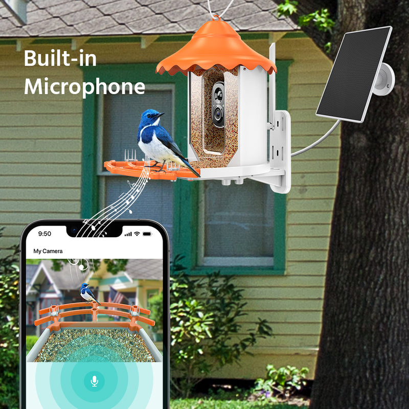 Smart Bird Feeder Camera, 1920 x 1080 Resolution, AI Recognition, Built-in Microphone, 2.4GHz WiFi Connection, Battery & Solar Powered, Cloud & Max. 128 GB Local Storage