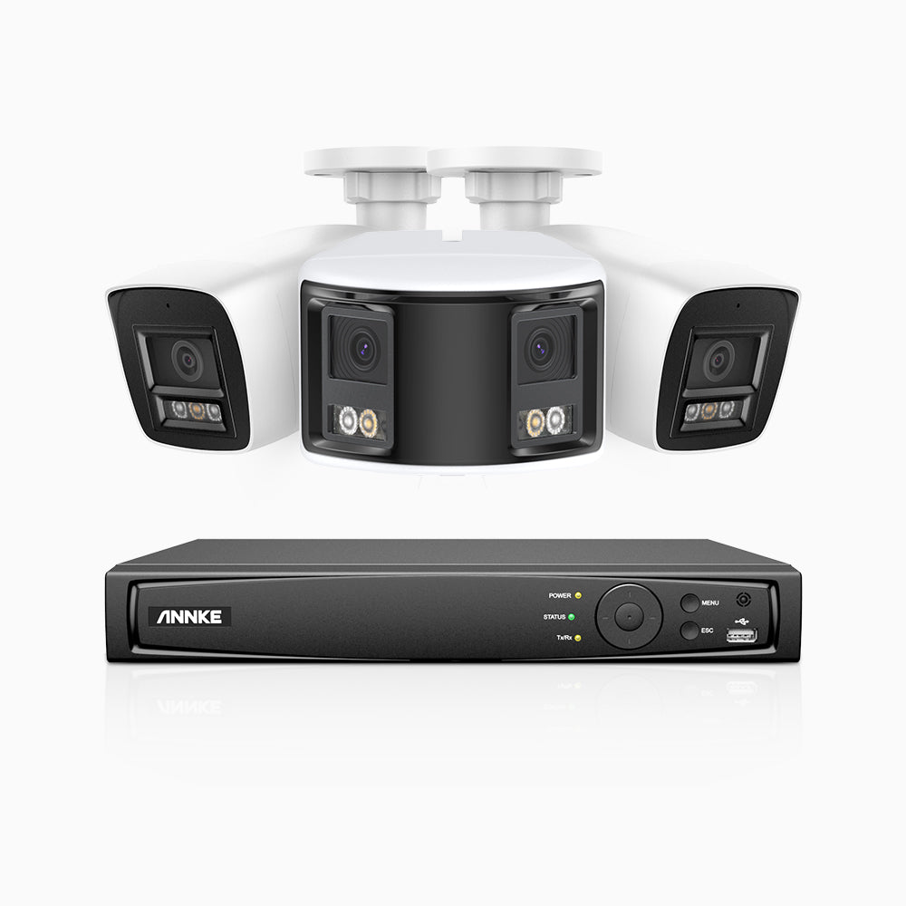 HDCK680 - 4 Channel PoE NVR Security System with Two 4K Cameras & One 6MP Dual Lens Panoramic Camera (180° Ultra Wide Angle), Human & Vehicle Detection, Built-in Microphone, Two-Way Audio
