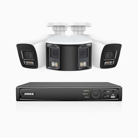 HDCK680 - 4 Channel PoE NVR Security System with Two 4K Cameras & One 6MP Dual Lens Panoramic Camera (180° Ultra Wide Angle), Human & Vehicle Detection, Built-in Microphone, Two-Way Audio