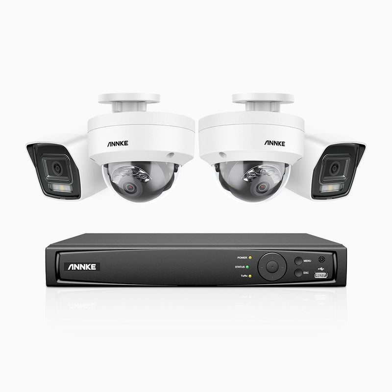 H800 - 4K 4 Channel PoE Security System with 2 Bullet & 2 Dome (IK10) Cameras, Vandal-Resistant, Human & Vehicle Detection, Built-in Mic, RTSP Supported