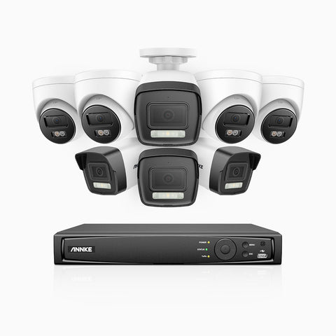 AH500 - 3K 16 Channel PoE Security System with 4 Bullet & 4 Turret Cameras, Color & IR Night Vision, 3072*1728 Resolution, f/1.6 Aperture (0.005 Lux), Human & Vehicle Detection, Built-in Microphone,IP67