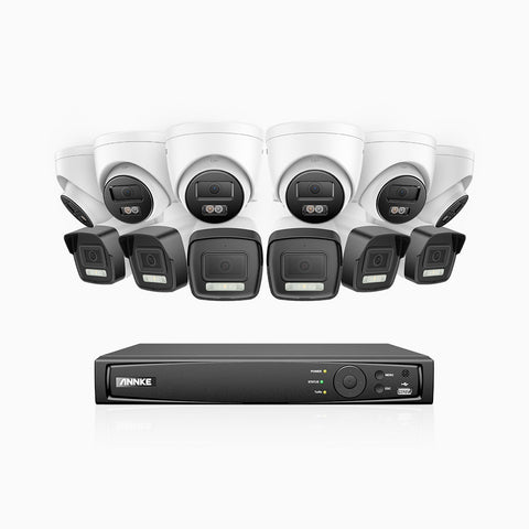AH500 - 3K 16 Channel PoE Security System with 6 Bullet & 6 Turret Cameras, Color & IR Night Vision, 3072*1728 Resolution, f/1.6 Aperture (0.005 Lux), Human & Vehicle Detection, Built-in Microphone,IP67