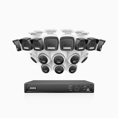 AH500 - 3K 16 Channel PoE Security System with 8 Bullet & 8 Turret Cameras, Color & IR Night Vision, 3072*1728 Resolution, f/1.6 Aperture (0.005 Lux), Human & Vehicle Detection, Built-in Microphone,IP67
