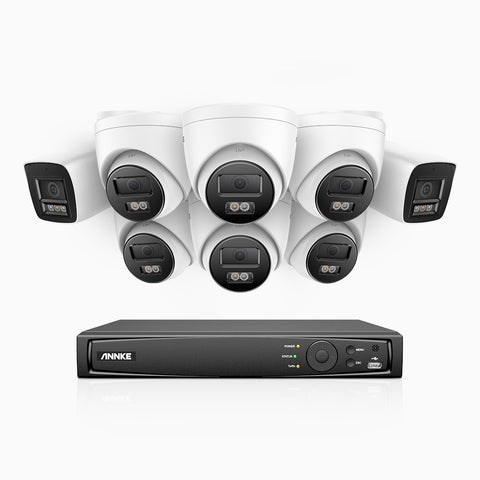 H800 - 4K 16 Channel PoE Security System with 2 Bullet & 6 Turret Cameras, Human & Vehicle Detection, Color & IR Night Vision, Built-in Mic, RTSP Supported