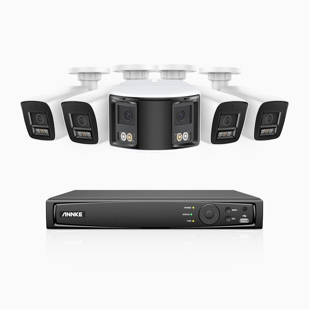HDCK680 - 8 Channel PoE NVR Security System with Four 4K Cameras & One 6MP Dual Lens Panoramic Camera (180° Ultra Wide Angle), Human & Vehicle Detection, Built-in Microphone, Two-Way Audio