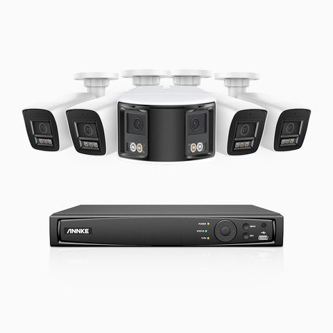 HDCK680 - 8 Channel PoE NVR Security System with Four 4K Cameras & One 6MP Dual Lens Panoramic Camera (180° Ultra Wide Angle), Human & Vehicle Detection, Built-in Microphone, Two-Way Audio