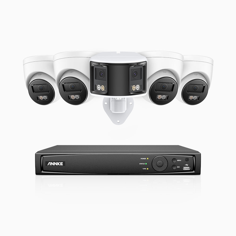 HDCK680 - 8 Channel PoE NVR Security System with Four 4K Cameras & One 6MP Dual Lens Panoramic Camera (180° Ultra Wide Angle), Human & Vehicle Detection, Built-in Microphone, Two-Way Audio