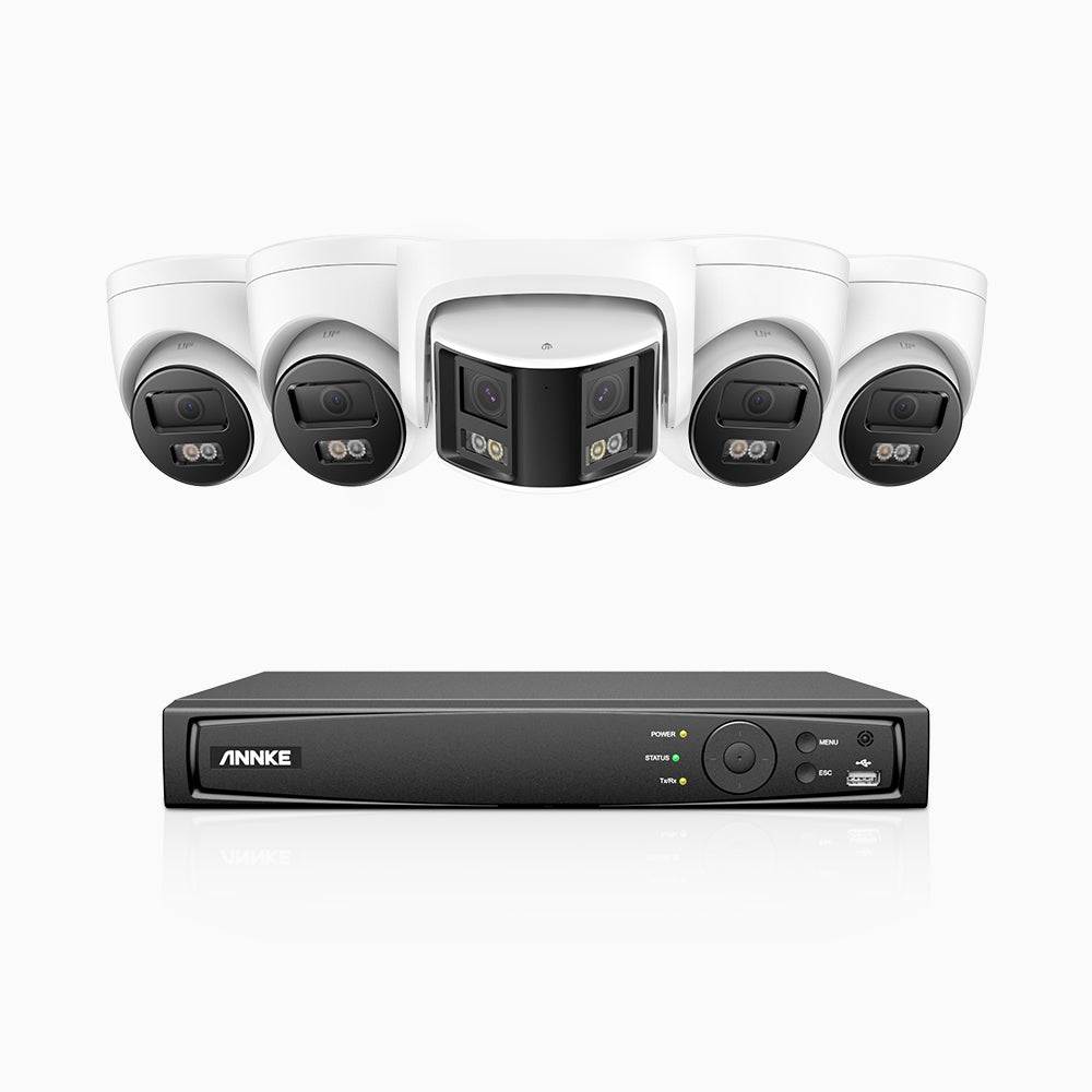 HDCK680 - 8 Channel PoE NVR Security System with Four 4K Cameras & One 6MP Dual Lens Panoramic Camera (180° Ultra Wide Angle), Human & Vehicle Detection, Built-in Microphone, Two-Way Audio