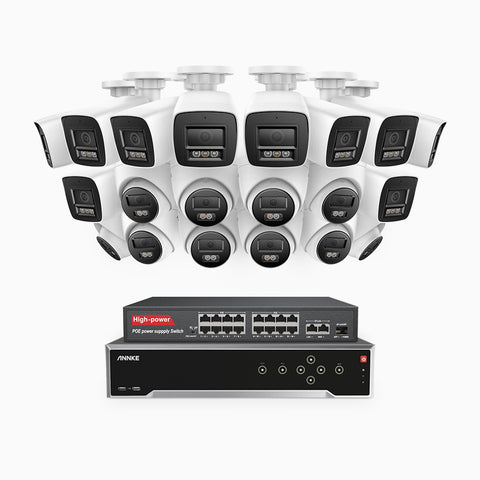 H800 - 4K 32 Channel PoE Security System with 10 Bullet & 10 Turret Cameras, Human & Vehicle Detection, Color & IR Night Vision, Built-in Mic, RTSP Supported, 16-Port PoE Switch Included