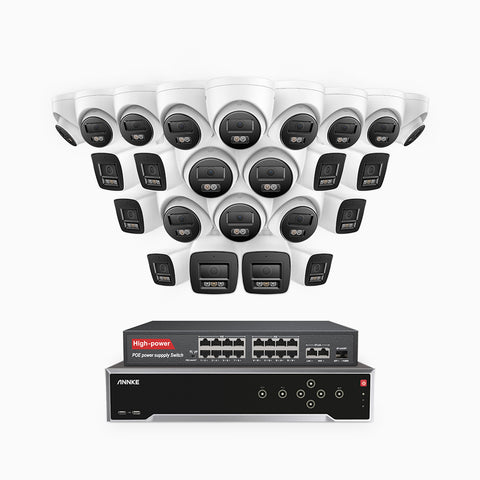 H800 - 4K 32 Channel PoE Security System with 10 Bullet & 14 Turret Cameras, Human & Vehicle Detection, Color & IR Night Vision, Built-in Mic, RTSP Supported, 16-Port PoE Switch Included