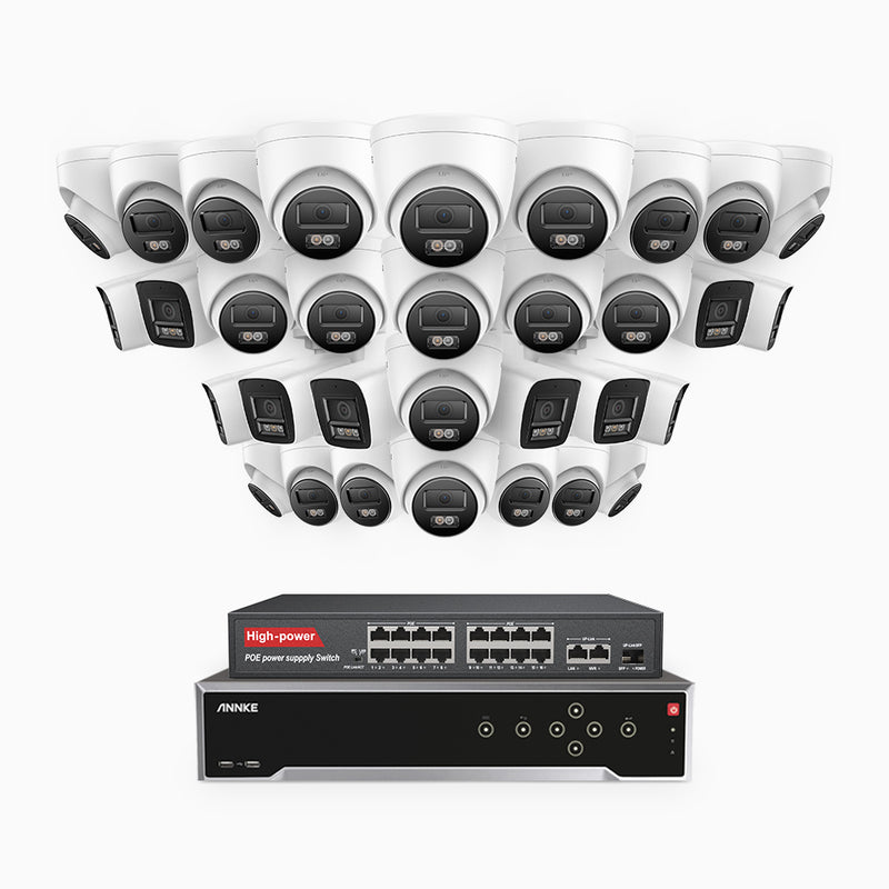 H800 - 4K 32 Channel PoE Security System with 10 Bullet & 22 Turret Cameras, Human & Vehicle Detection, Color & IR Night Vision, Built-in Mic, RTSP Supported, 16-Port PoE Switch Included