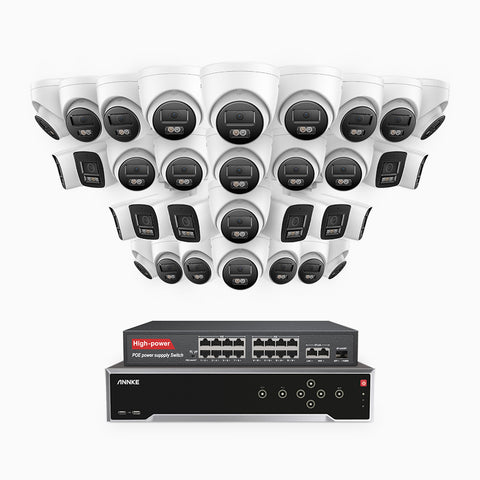 H800 - 4K 32 Channel PoE Security System with 10 Bullet & 22 Turret Cameras, Human & Vehicle Detection, Color & IR Night Vision, Built-in Mic, RTSP Supported, 16-Port PoE Switch Included