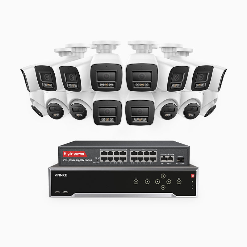 H800 - 4K 32 Channel PoE Security System with 10 Bullet & 6 Turret Cameras, Human & Vehicle Detection, Color & IR Night Vision, Built-in Mic, RTSP Supported, 16-Port PoE Switch Included
