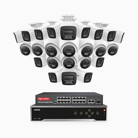 H800 - 4K 32 Channel PoE Security System with 14 Bullet & 10 Turret Cameras, Human & Vehicle Detection, Color & IR Night Vision, Built-in Mic, RTSP Supported, 16-Port PoE Switch Included