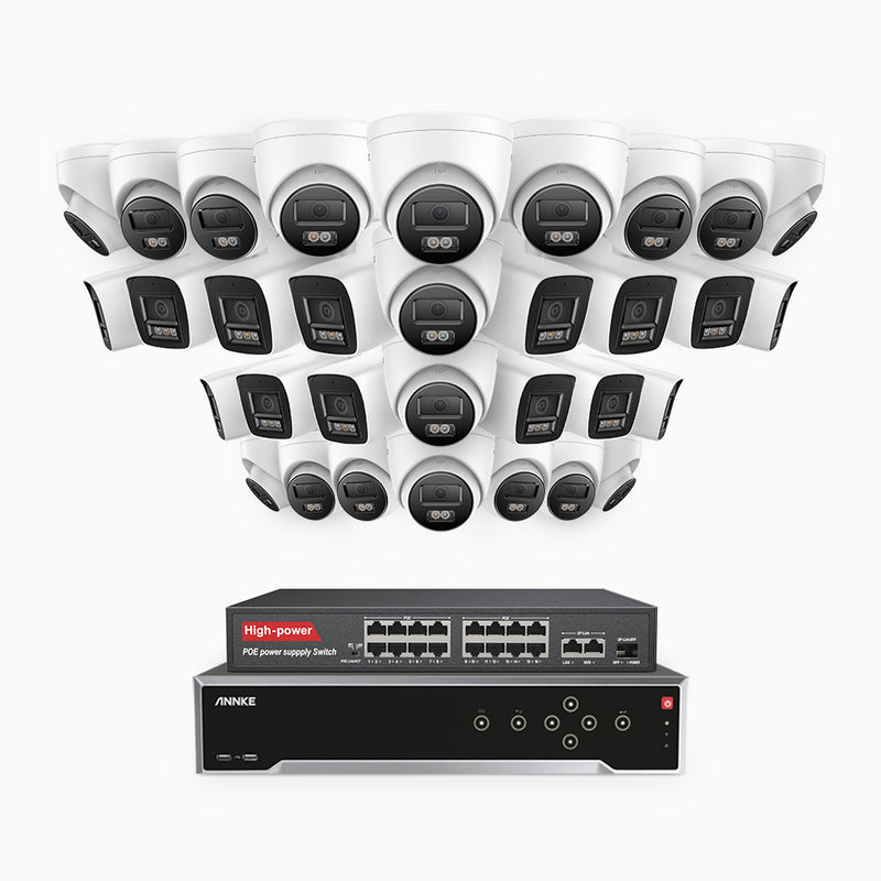 H800 - 4K 32 Channel PoE Security System with 14 Bullet & 18 Turret Cameras, Human & Vehicle Detection, Color & IR Night Vision, Built-in Mic, RTSP Supported, 16-Port PoE Switch Included