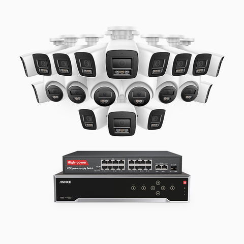 H800 - 4K 32 Channel PoE Security System with 14 Bullet & 6 Turret Cameras, Human & Vehicle Detection, Color & IR Night Vision, Built-in Mic, RTSP Supported, 16-Port PoE Switch Included