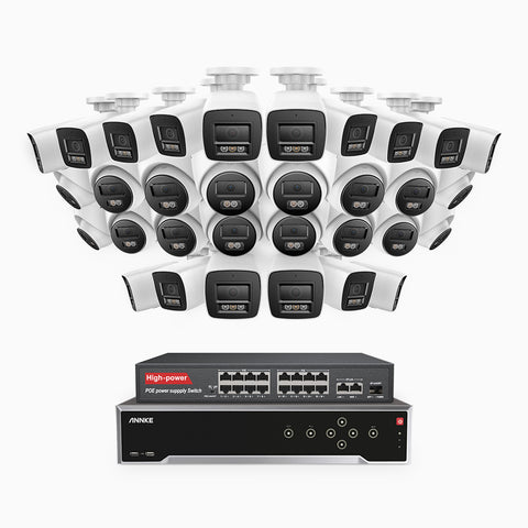H800 - 4K 32 Channel PoE Security System with 16 Bullet & 16 Turret Cameras, Human & Vehicle Detection, Color & IR Night Vision, Built-in Mic, RTSP Supported, 16-Port PoE Switch Included