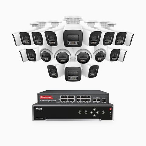 H800 - 4K 32 Channel PoE Security System with 16 Bullet & 4 Turret Cameras, Human & Vehicle Detection, Color & IR Night Vision, Built-in Mic, RTSP Supported, 16-Port PoE Switch Included