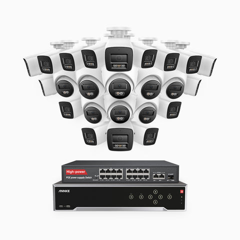 H800 - 4K 32 Channel PoE Security System with 16 Bullet & 8 Turret Cameras, Human & Vehicle Detection, Color & IR Night Vision, Built-in Mic, RTSP Supported, 16-Port PoE Switch Included