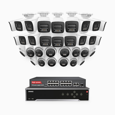 H800 - 4K 32 Channel PoE Security System with 18 Bullet & 14 Turret Cameras, Human & Vehicle Detection, Color & IR Night Vision, Built-in Mic, RTSP Supported, 16-Port PoE Switch Included