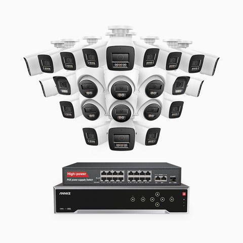 H800 - 4K 32 Channel PoE Security System with 18 Bullet & 6 Turret Cameras, Human & Vehicle Detection, Color & IR Night Vision, Built-in Mic, RTSP Supported, 16-Port PoE Switch Included