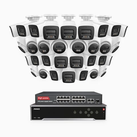 H800 - 4K 32 Channel PoE Security System with 20 Bullet & 12 Turret Cameras, Human & Vehicle Detection, Color & IR Night Vision, Built-in Mic, RTSP Supported, 16-Port PoE Switch Included