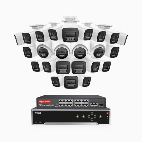 H800 - 4K 32 Channel PoE Security System with 20 Bullet & 4 Turret Cameras, Human & Vehicle Detection, Color & IR Night Vision, Built-in Mic, RTSP Supported, 16-Port PoE Switch Included
