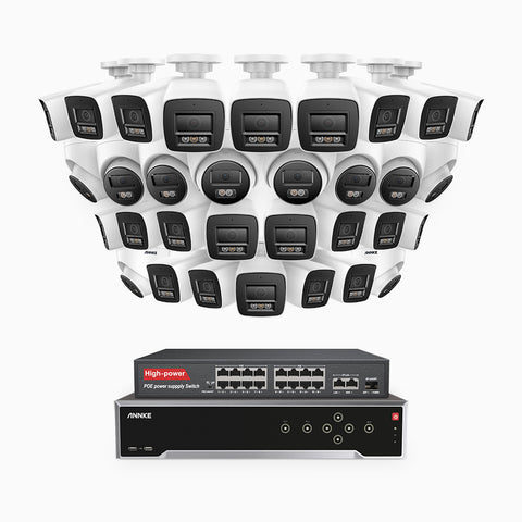 H800 - 4K 32 Channel PoE Security System with 22 Bullet & 10 Turret Cameras, Human & Vehicle Detection, Color & IR Night Vision, Built-in Mic, RTSP Supported, 16-Port PoE Switch Included