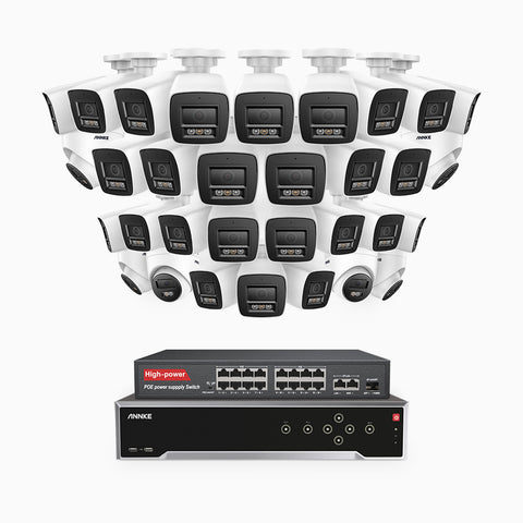 H800 - 4K 32 Channel PoE Security System with 26 Bullet & 6 Turret Cameras, Human & Vehicle Detection, Color & IR Night Vision, Built-in Mic, RTSP Supported, 16-Port PoE Switch Included