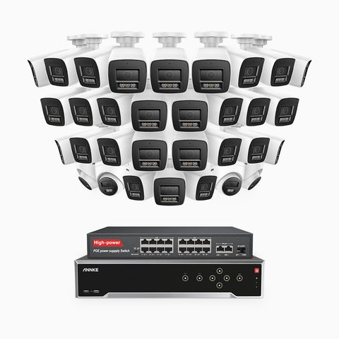H800 - 4K 32 Channel PoE Security System with 28 Bullet & 4 Turret Cameras, Human & Vehicle Detection, Color & IR Night Vision, Built-in Mic, RTSP Supported, 16-Port PoE Switch Included
