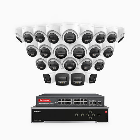 H800 - 4K 32 Channel PoE Security System with 4 Bullet & 20 Turret Cameras, Human & Vehicle Detection, Color & IR Night Vision, Built-in Mic, RTSP Supported, 16-Port PoE Switch Included