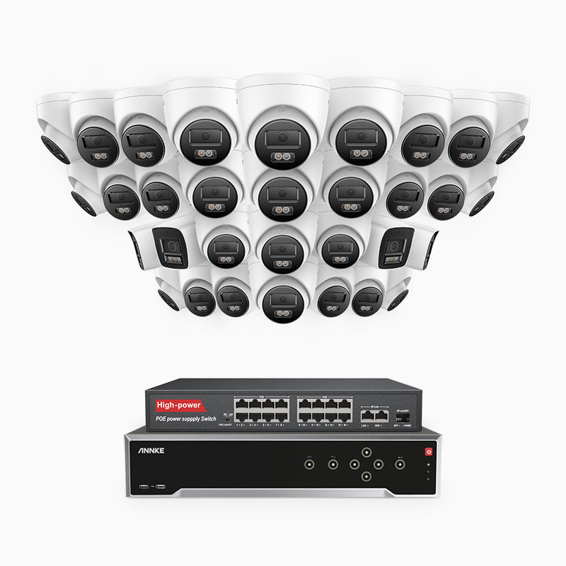 H800 - 4K 32 Channel PoE Security System with 4 Bullet & 28 Turret Cameras, Human & Vehicle Detection, Color & IR Night Vision, Built-in Mic, RTSP Supported, 16-Port PoE Switch Included