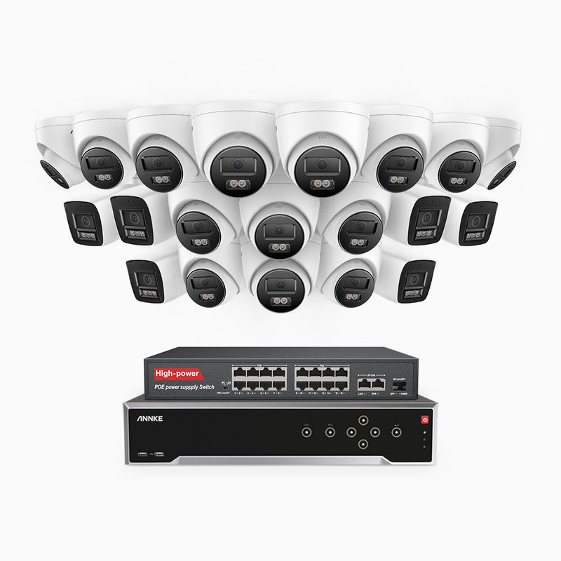 H800 - 4K 32 Channel PoE Security System with 6 Bullet & 14 Turret Cameras, Human & Vehicle Detection, Color & IR Night Vision, Built-in Mic, RTSP Supported, 16-Port PoE Switch Included