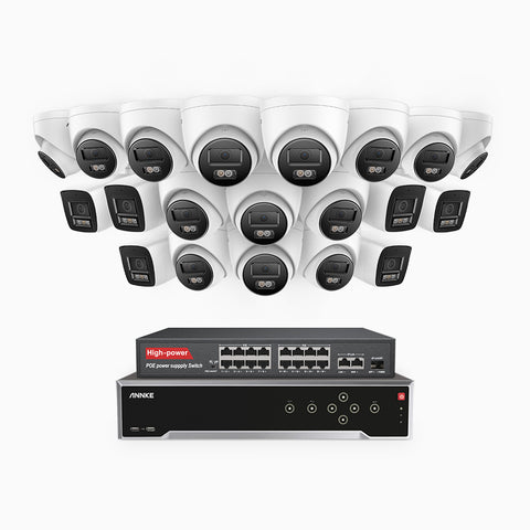 H800 - 4K 32 Channel PoE Security System with 6 Bullet & 14 Turret Cameras, Human & Vehicle Detection, Color & IR Night Vision, Built-in Mic, RTSP Supported, 16-Port PoE Switch Included
