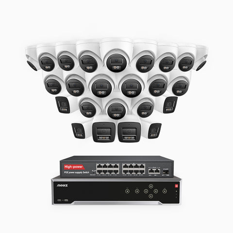 H800 - 4K 32 Channel PoE Security System with 6 Bullet & 18 Turret Cameras, Human & Vehicle Detection, Color & IR Night Vision, Built-in Mic, RTSP Supported, 16-Port PoE Switch Included