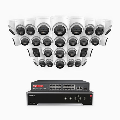 H800 - 4K 32 Channel PoE Security System with 6 Bullet & 26 Turret Cameras, Human & Vehicle Detection, Color & IR Night Vision, Built-in Mic, RTSP Supported, 16-Port PoE Switch Included
