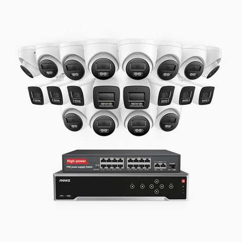 H800 - 4K 32 Channel PoE Security System with 8 Bullet & 12 Turret Cameras, Human & Vehicle Detection, Color & IR Night Vision, Built-in Mic, RTSP Supported, 16-Port PoE Switch Included