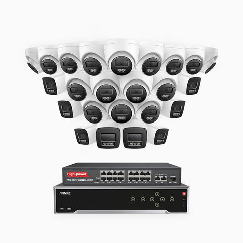 H800 - 4K 32 Channel PoE Security System with 8 Bullet & 16 Turret Cameras, Human & Vehicle Detection, Color & IR Night Vision, Built-in Mic, RTSP Supported, 16-Port PoE Switch Included