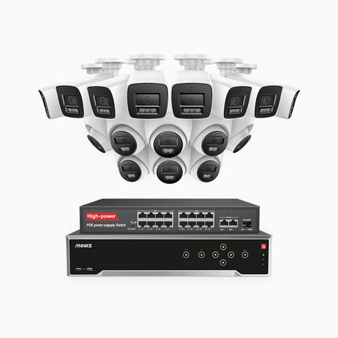 H800 - 4K 32 Channel PoE Security System with 8 Bullet & 8 Turret Cameras, Human & Vehicle Detection, Color & IR Night Vision, Built-in Mic, RTSP Supported, 16-Port PoE Switch Included