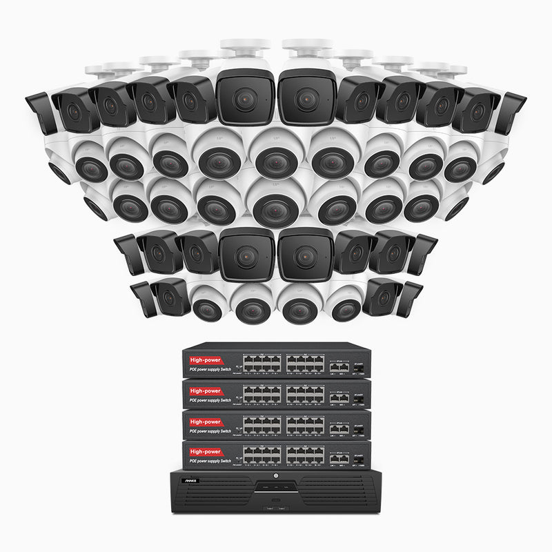 H500 - 3K 64 Channel PoE Security System with 24 Bullet & 24 Turret Cameras, EXIR 2.0 Night Vision, Built-in Mic & SD Card Slot, Works with Alexa, 16-Port PoE Switch Included ,IP67 Waterproof, RTSP Supported