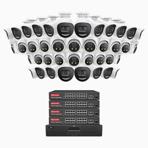 AH800 - 4K 64 Channel PoE Security System with 20 Bullet & 20 Turret Cameras, 1/1.8'' BSI Sensor, f/1.6 Aperture (0.003 Lux), Siren & Strobe Alarm,Two-Way Audio, Human & Vehicle Detection,  Perimeter Protection, Works with Alexa