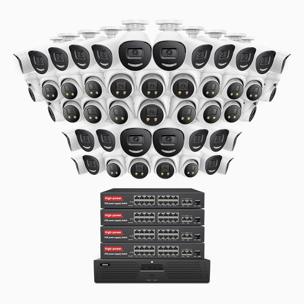 H800X - 4K 64 Channel PoE Security System with 24 Bullet & 24 Turret Cameras, 1/1.8'' BSI Sensor, f/1.6 Aperture (0.003 Lux), Siren & Strobe Alarm,Two-Way Audio, Human & Vehicle Detection,  Perimeter Protection, Works with Alexa , All-Metal Housing
